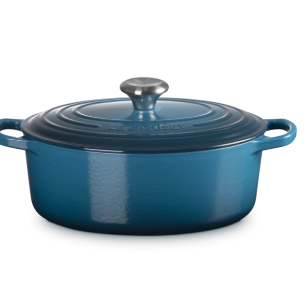 Le Creuset CI Signature Casserole 27cm Deep Teal Stainless Steel Knob Oval Capacity 4.1 Liter